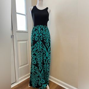 Grecerelle Maxi Dress with Black Top and Blue/Black Bottom. Size XS